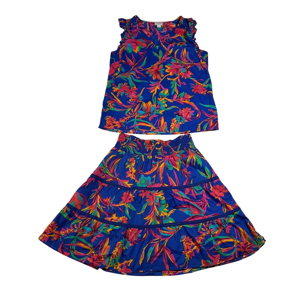 J. Crew Tropical Floral Sleeveless Top & Tiered Skirt Set Size XXS Cotton Resort